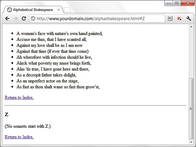 A screenshot shows the output of clicking "Z" from the Alphabetical index. It shows the section containing "Z" sonnets. It is also indicated that all groups have a "Return to Index" link and are divided by horizontal lines at the end.