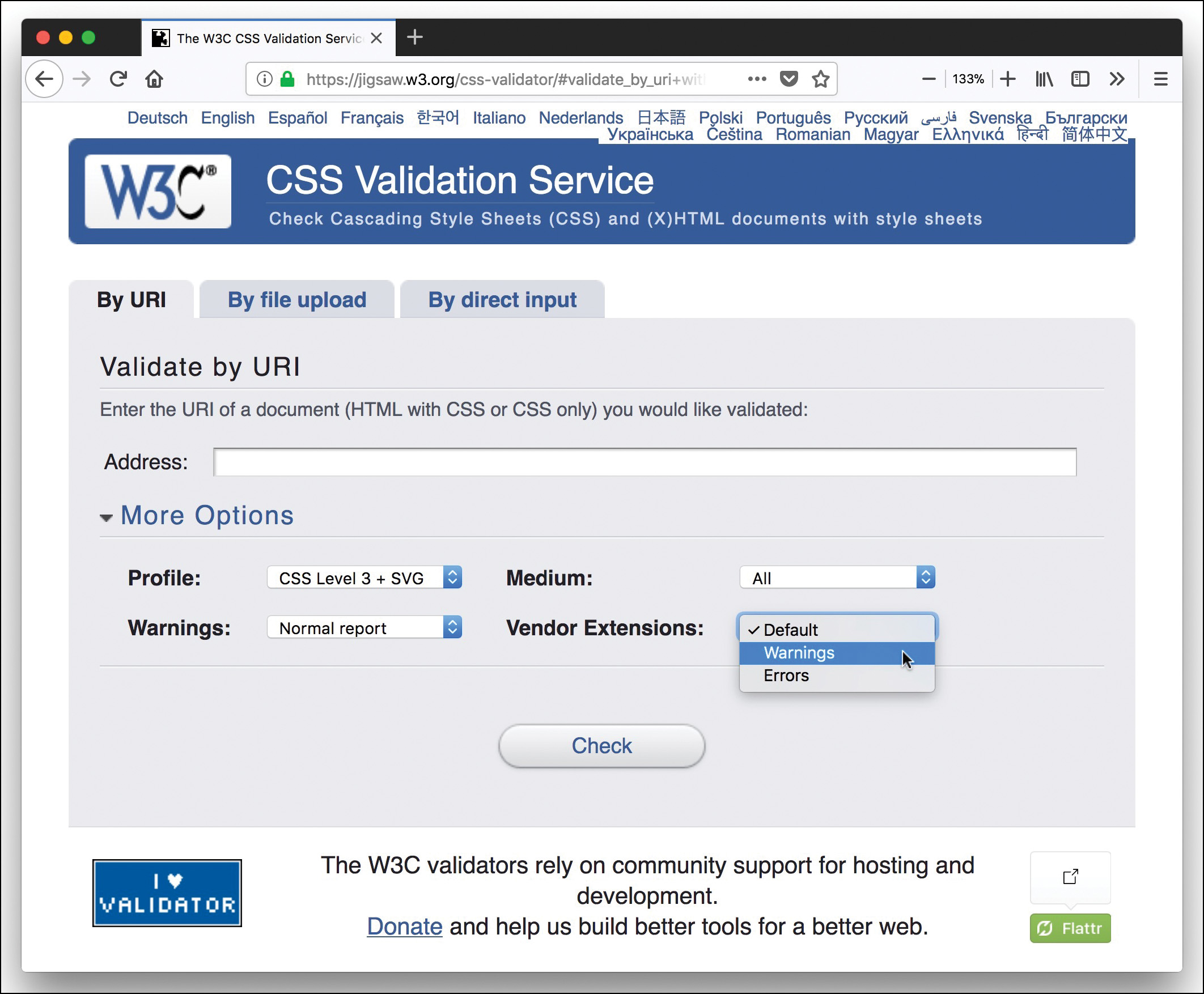 A screenshot shows the "CSS validation service" webpage.