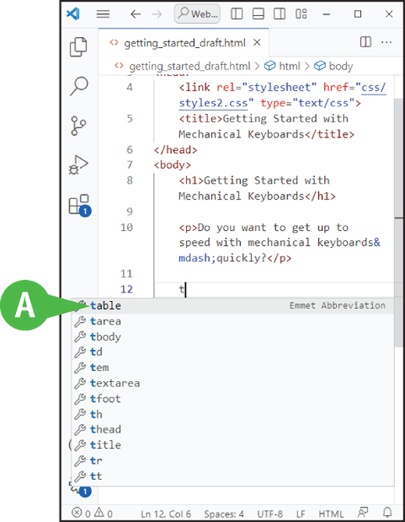 A window page depicts the automatic code completion (A) in Microsoft�s Visual Studio Code.