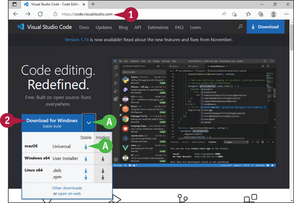 A window page of visual studio code. 1 indicates the web browser. 2 indicates the computer�s operating system. A indicate different operating system options and the download option.