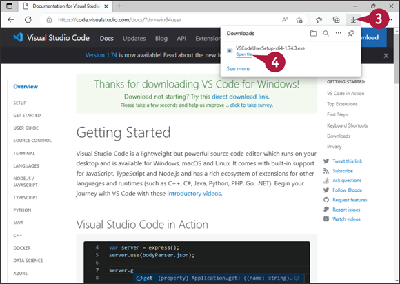 A window page of visual studio code. 3 indicates the browser�s Downloads pane. 4 indicates the downloaded file.