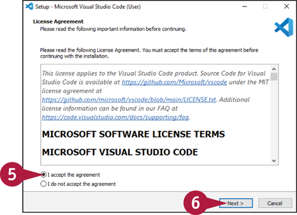 A window page of Microsoft visual studio code. 5 indicates the License Agreement screen. 6 indicates the Next button.