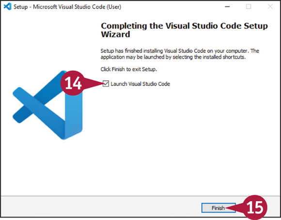 A window page of microsoft visual studio code. 14 indicates Launch Visual Studio Code option. 15 indicates the Finish button.