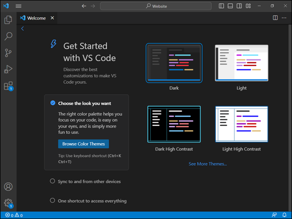 A window page depicts the Welcome Screen of Visual Studio Code. Get Started with VS Code option is depicted.