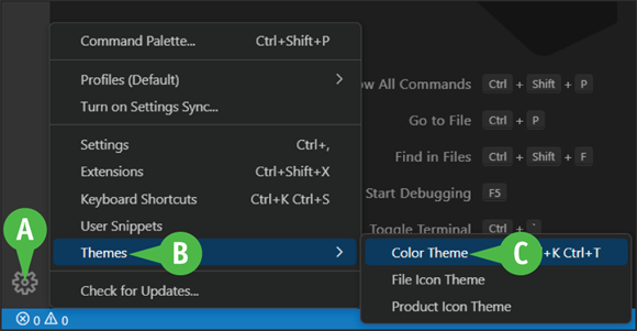 A window page of Visual Studio Code. A indicates the Manage option. B indicates the Themes. C indicates the Color Theme.