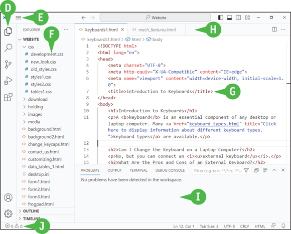 A window page of Visual Studio Code. D: Activity Bar, E: Menu icon. F: Primary Side Bar, G: Editor, H: Tab bar, I: Panel, and J: Status Bar.