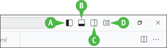 The Layout of the Visual Studio Code Window. A: Toggle Primary Side Bar, B: Toggle Panel, C: Toggle Secondary Side Bar, and D: Customize Layout.