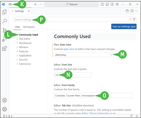 A window of Visual Studio Code. K: Menu, L: Commonly Used, M: Files, N: Editor, O: Editor: Font Family, and P: Search settings.