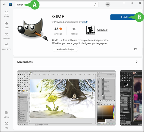 A window page. A: gimp  is types. B: Install.