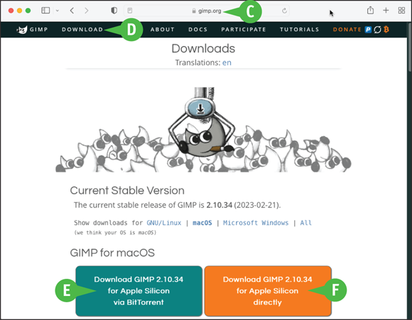 A browser window. C: www.gimp.org, D: Download tab, E: Download GIMP through BitTorrent, and F: Download GIMP Directly.