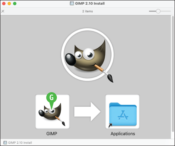 A Finder window depicts the contents of the GIMP Install package. G: GIMP icon.