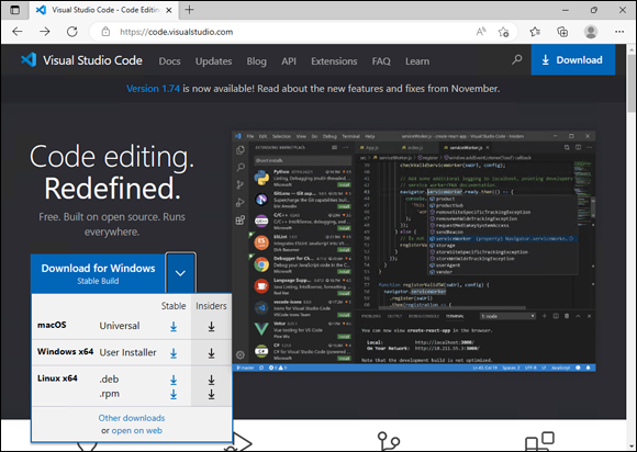 A window page of visual studio code depicts the download options for windows.