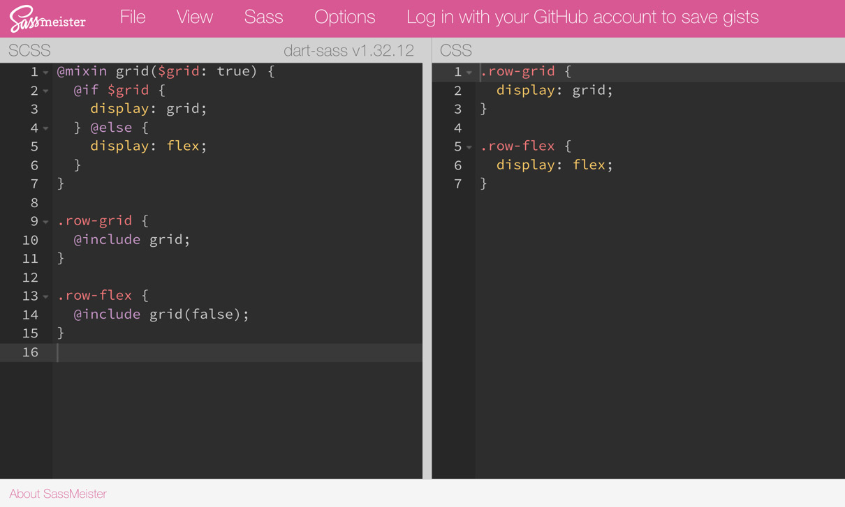 Figure 2.1 – Sassmeister Sass playground on sassmeister.com 
