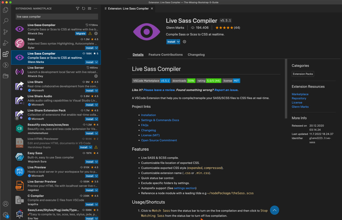 Figure 2.3 – Screenshot of the Live Sass Compiler extension opened in the Extensions tab of Visual Studio Code 