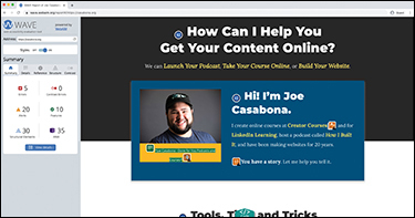 A screenshot shows the summary of the WAVE test results for casabona.org.