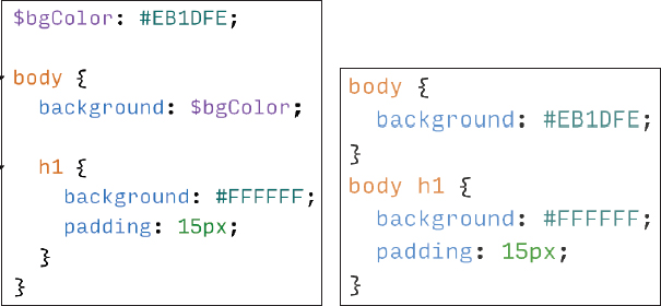 The Sass syntax with its output is shown.