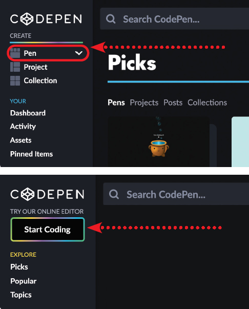 The creation of a new Pen in CodePen for the users logged into an account is depicted and offline users is depicted.