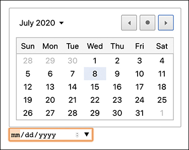 A figure shows a Google chrome date picker. A calendar for July 2020 is shown. The date can be selected in the format mm/dd/yyyy from the drop-down list below. Day 8 is selected in the calendar. A forward and backward button is displayed to navigate through the dates.