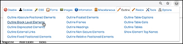 The screenshot of the chrome web browser shows the several menus under the outline tab. The "outline block level elements" menu is highlighted.