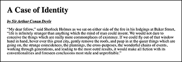 A figure shows an example of a byline class applied in a paragraph. It is a short paragraph titled, 'A case of identity' written by Sir Arthur Conan Doyle. Here, the author's name is given in the byline.