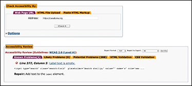The screenshot shows the Achecker results for casabona.org.