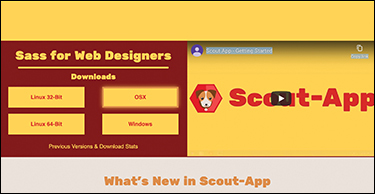 The screenshot of the Scout-App website titled Sass for Web Designers is shown. On the left, four download buttons namely downloading Linux 32-Bit, OSX, Linux 64-bit, and Windows are displayed. On the right, a screen to play a video is present.