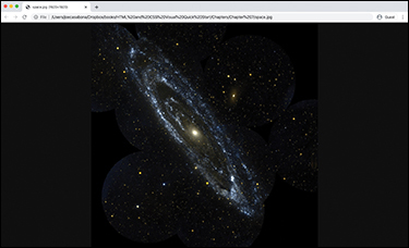 The web browser window shows an image of the Andromeda galaxy, the image occupies the entire region of the page.