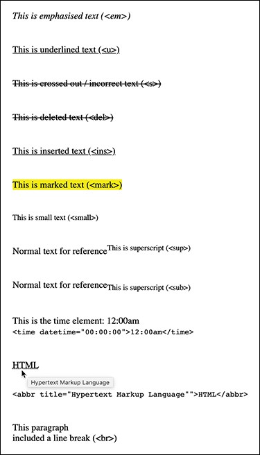 The list of formatting markup and their default styles in a browser is featured.