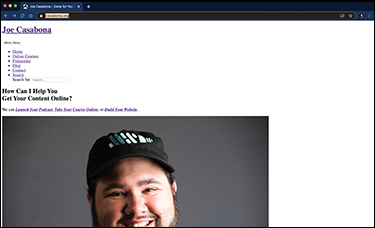 A screenshot of the style disabled home page of casabona.org is shown. The webpage is devoid of design. The tabs are displayed in a bulletin list. The contents of the webpage are displayed in order.