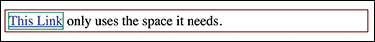 An output of the HTML code shows "This link only uses the space it needs," which is outlined by a box and this paragraph occupies the full width of the browser. The words "This link" is outlined by another box that occupies only the required width.