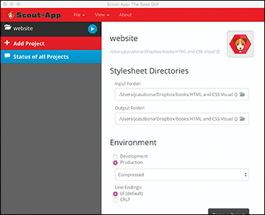 The Scout App - Sass GUI window displays an overview of the Project Management screen.