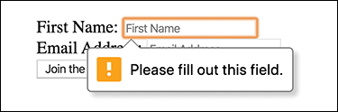 A figure presents the text fields to enter the first name and the email address. The error message, "Please fill out this field" is displayed against the "first name" text field.