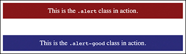 The use of .alert and .alert-good classes is shown. Two alert boxes of different colors, one below the other are displayed with the text, This is the .alert class in action, and This is the .alert-good class in action.