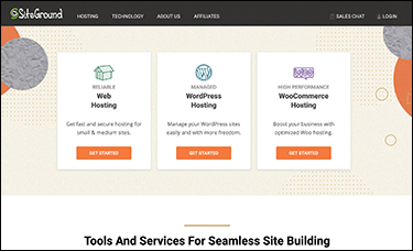 A screenshot of the Site Ground webpage is shown. It displays tabs for hosting, technology, about us, and affiliates at the top. The content pane displays Get Started buttons for Web Hosting, WordPress Hosting, and WooCoommerce Hosting.