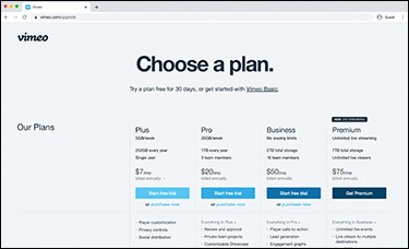 A screenshot shows the web page of Vimeo which offers different plans for hosting videos. It presents the various plans along with the amount and the features provided in each plan. The plans mentioned are as follows: Plus, Pro, Business, and Premium.
