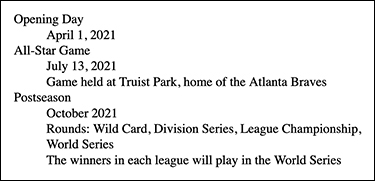 A figure presents the description list of events, that includes the date, location and, other details for each event.