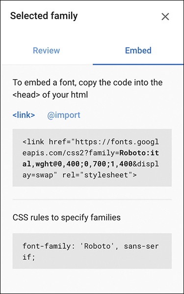 A dialog of the selected family from Google fonts is shown.