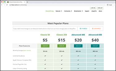 The web page of Libsyn with popular plans is shown.