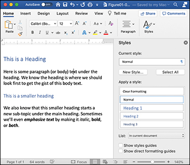 A screenshot shows the Microsoft word document with quick access toolbar, menu bar, and standard toolbar. On the right, the styles pane is displayed. The word document has two headings in different sizes followed by the paragraphs with spacing. The text of the paragraphs is formatted as bold or italic type.