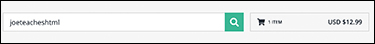A screenshot of the hover.com webpage displays a search box that is set to joeteacheshtml, and a shopping cart option that is set to 12.99 U.S dollars.