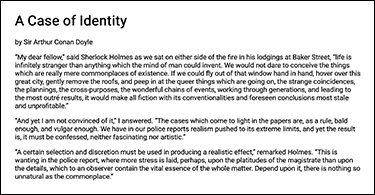 A story named 'A case of identity' by sir Arthur conan Doyle is displayed in Roboto font. The heading is bigger and bolder than the rest of the text. The story includes three paragraphs.