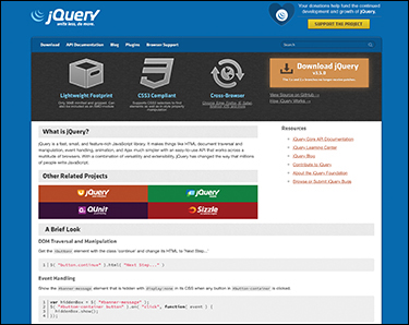 A screenshot of the homepage of jQuery is shown.