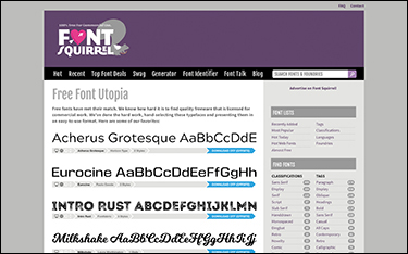 A screenshot shows the home page of the font squirrel. A header is displayed on the top left of the page. Eight menus are shown along with a search bar. It lists the names and examples of various fonts. The right side of the page displays the font lists and find fonts.