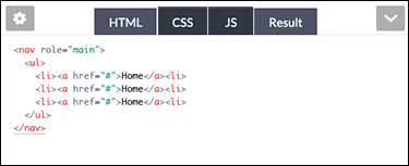 The HTML code for a simple navigation element is shown.