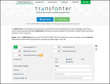 A screenshot presents the transfonter web generator.