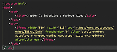 A screenshot presents the YouTube embed code in an HTML file. The YouTube embed code is copied within the body tag, which includes the frame width, height, source link, frame border, and the permission to accelerometer, autoplay, encrypted-media, gyroscope, picture-in-picture, and full screen.
