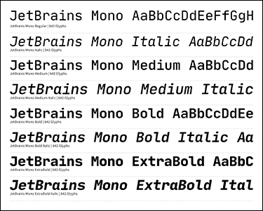 A screenshot presents the design of the Jetbrains Mono font family in eight different styles. It features Jetbrains Mono, Jetbrains Mono Italic, Jetbrains Mono medium, Jetbrains Mono medium italic, Jetbrains Mono bold, Jetbrains Mono old italic, Jetbrains Mono extra bold, Jetbrains Mono extra bold italic.