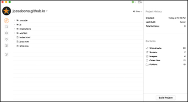 The screenshot of the Codekit application displays the file browsing section. Various files are listed. The project history and contents are displayed on the far right of the application.