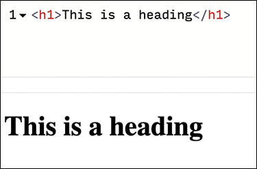 A screenshot of the browser window displays the output of the heading tag in HTML. The code for the heading tag, <h1>This is a heading</h1>" is displayed at the top. The output "This is a heading" is displayed in a big bold text at the bottom.