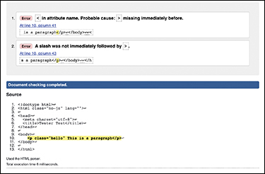A screenshot represents an example of the syntax error in the html code.